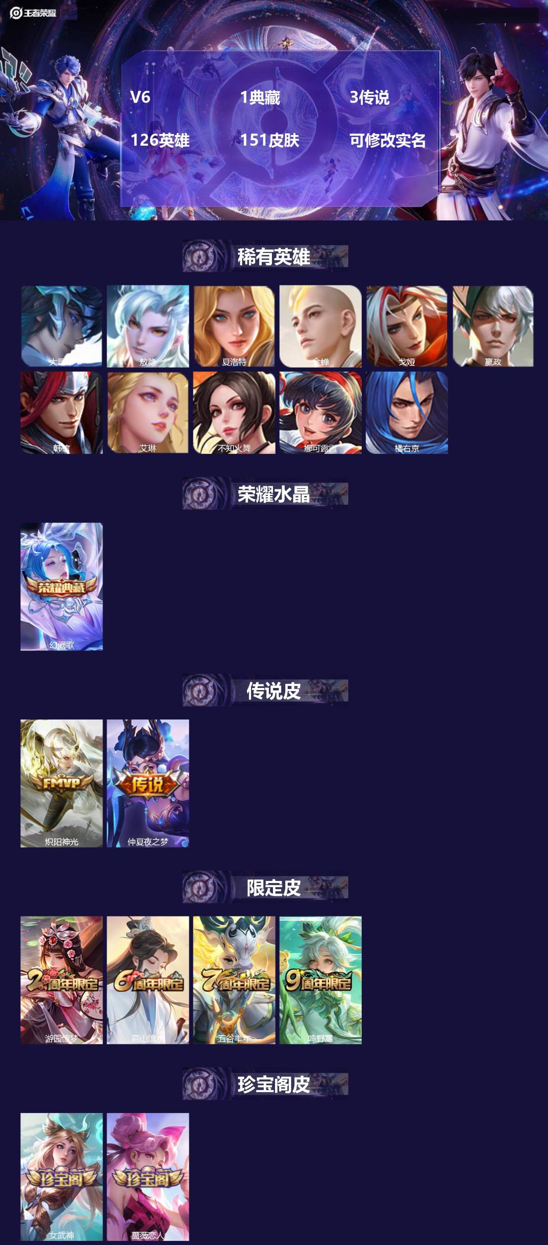 王者荣耀账号安卓QQV6 1典藏 3传说 126英雄 151皮肤 可修改实名 
【英雄全皮】:敖隐全皮,蚩奼全皮
【稀有