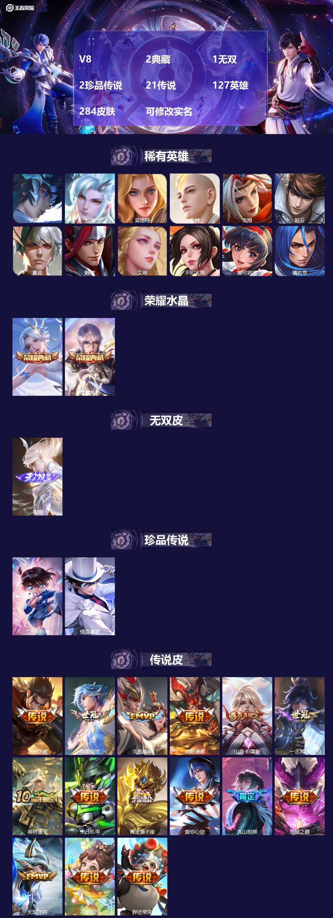 王者荣耀账号苹果QQ127英雄-284皮肤-[]V8 2典藏 1无双 2珍品传说 21传说 127英雄 284皮肤 可修