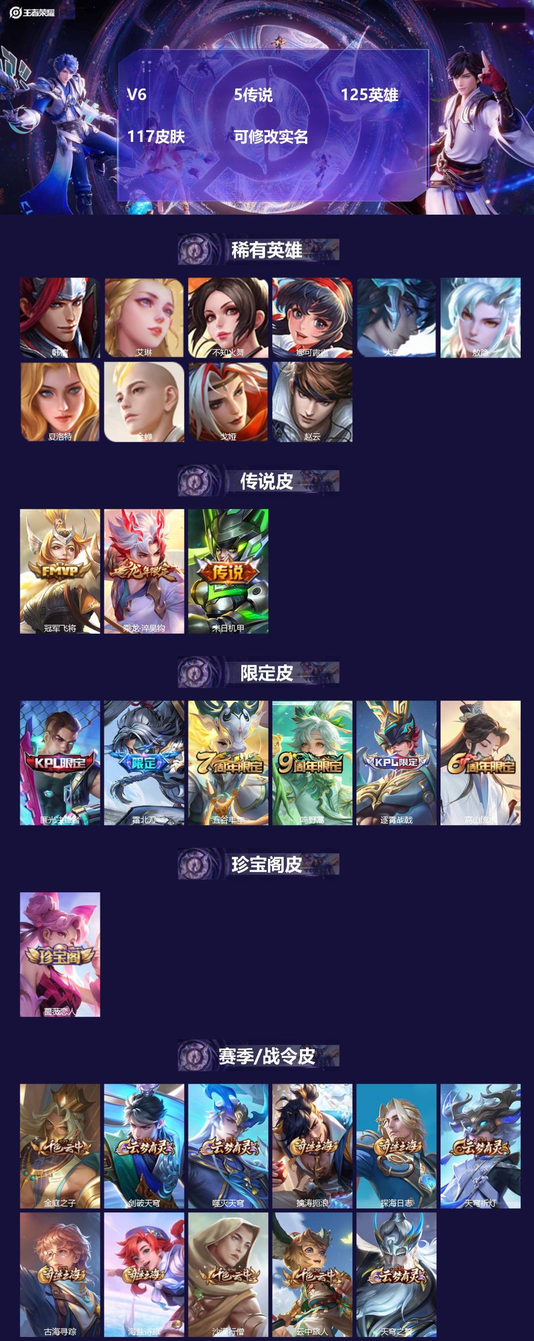 王者荣耀账号安卓QQV6 5传说 125英雄 117皮肤 可修改实名 
【英雄全皮】敖隐全皮
【稀有英雄】敖隐(小龙人)