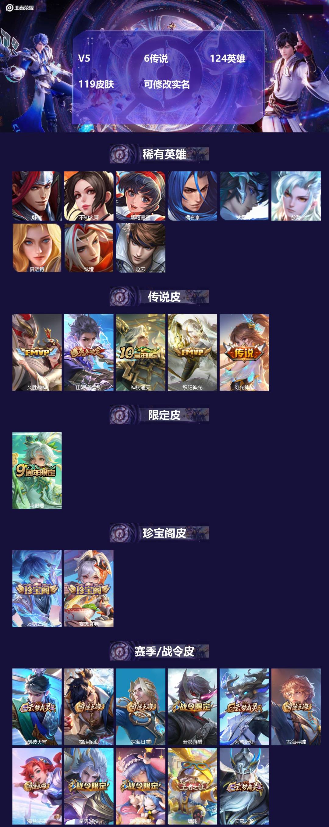 王者荣耀账号安卓QQ[15118183]V5 6传说 124英雄 119皮肤 可修改实名 
【英雄全皮】:敖隐全皮,影全