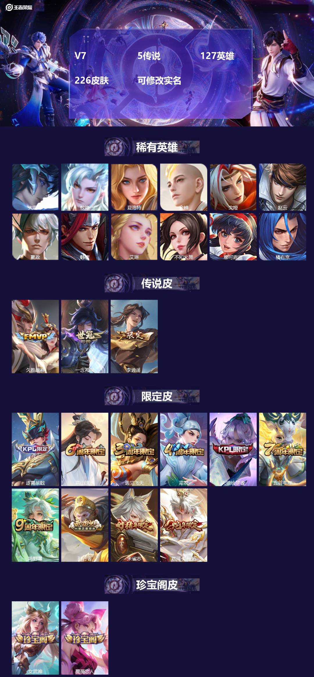 王者荣耀账号安卓QQV7 5传说 127英雄 226皮肤 可修改实名 
【英雄全皮】蒙恬全皮,敖隐全皮,狂铁全皮
【稀有