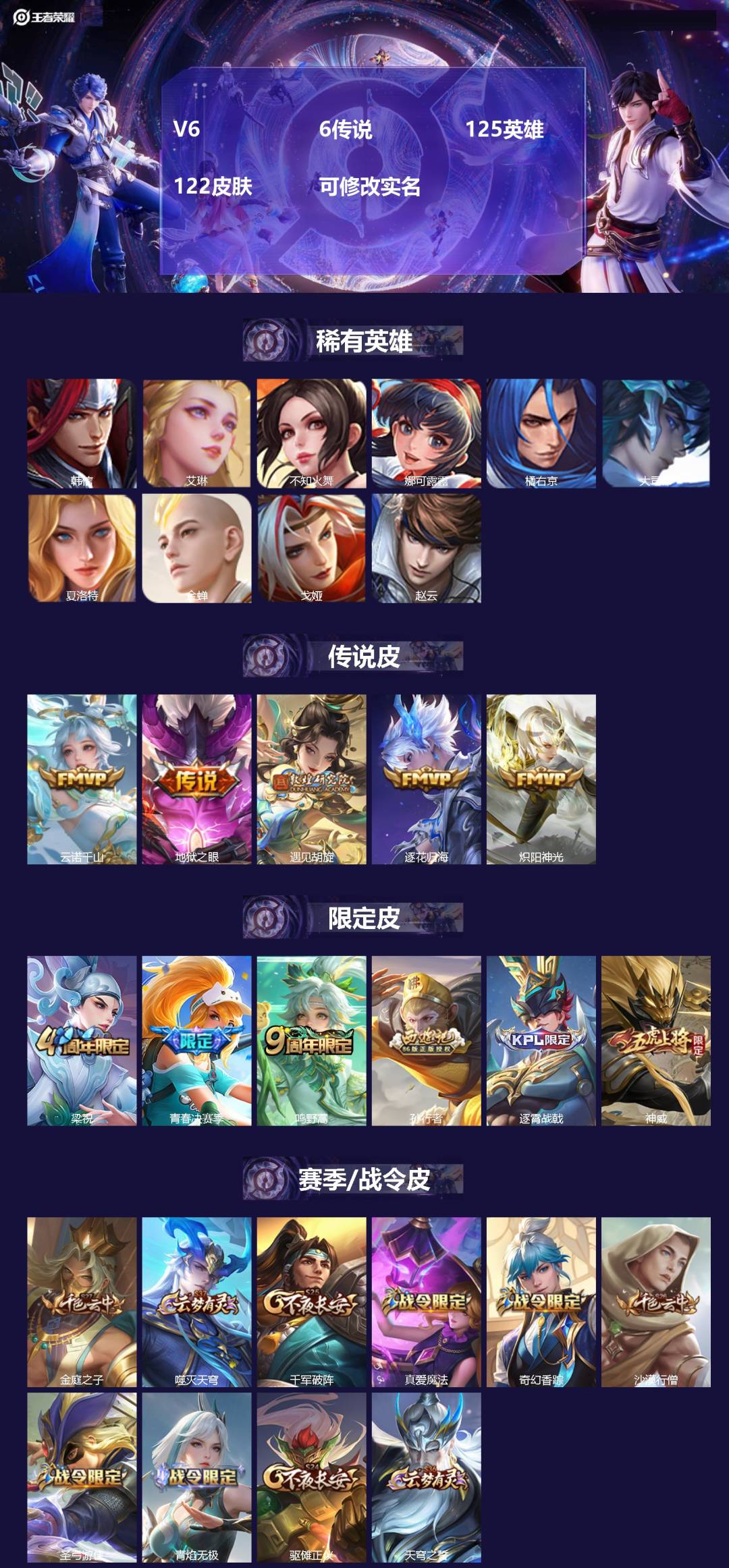 王者荣耀账号安卓QQV6 6传说 125英雄 122皮肤 可修改实名 
【英雄全皮】空空儿全皮
【稀有英雄】大司命,韩信