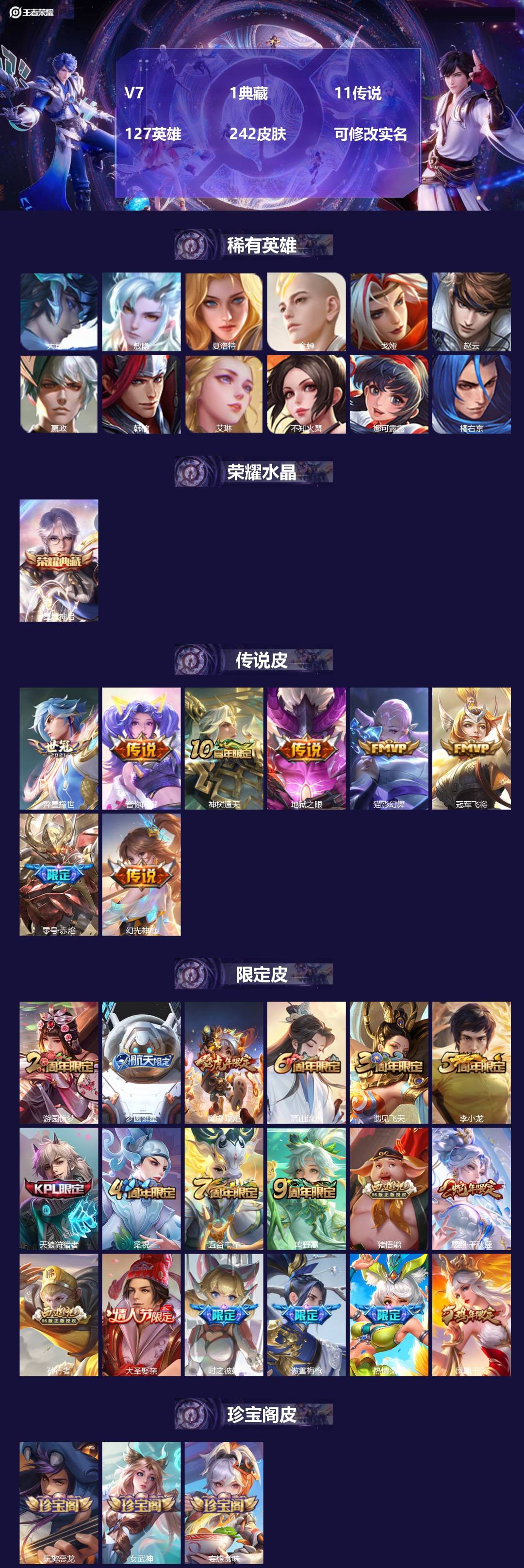 王者荣耀账号安卓QQ[15120050]V7 1典藏 11传说 127英雄 242皮肤 可修改实名 
【英雄全皮】:敖隐