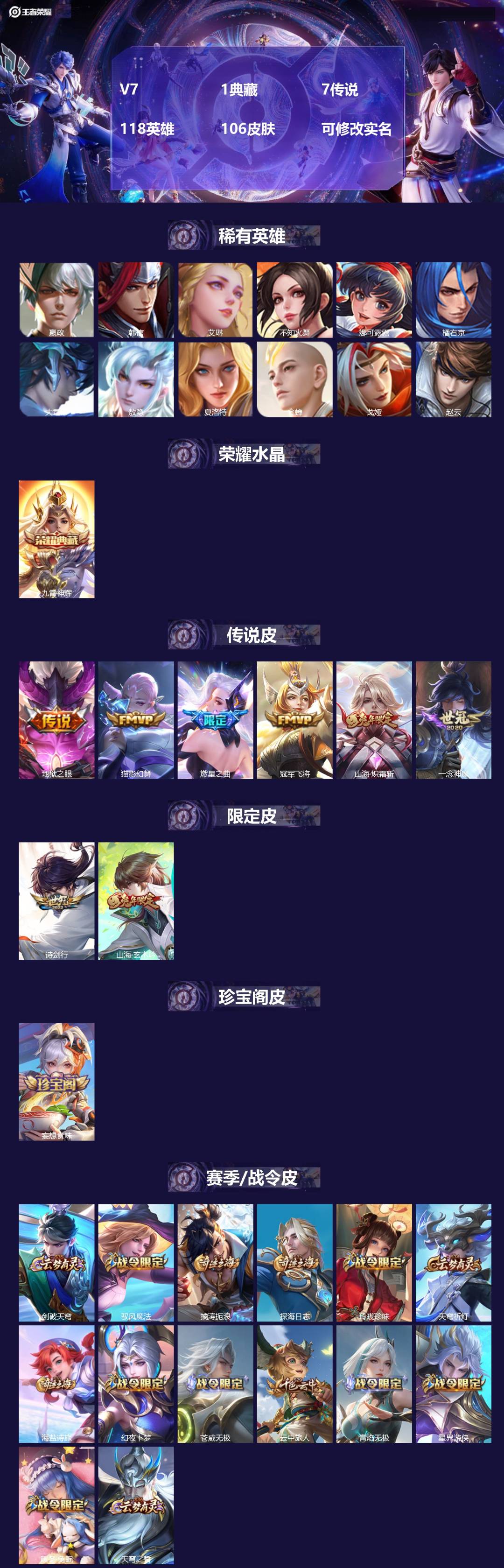 王者荣耀账号苹果QQV7 1典藏 7传说 118英雄 106皮肤 可修改实名 
【英雄全皮】敖隐全皮,蚩奼全皮
【稀有英