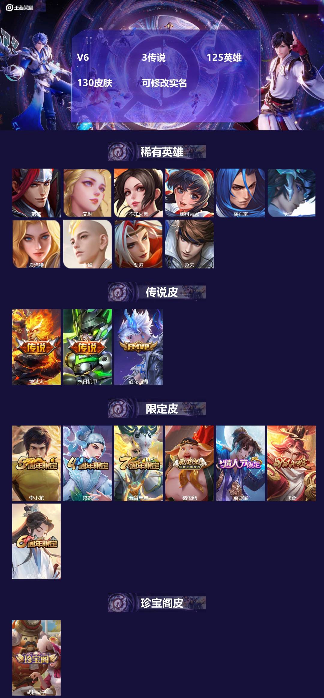王者荣耀账号安卓QQ125英雄-130皮肤-[]V6 3传说 125英雄 130皮肤 可修改实名 
【英雄全皮】:蚩奼全