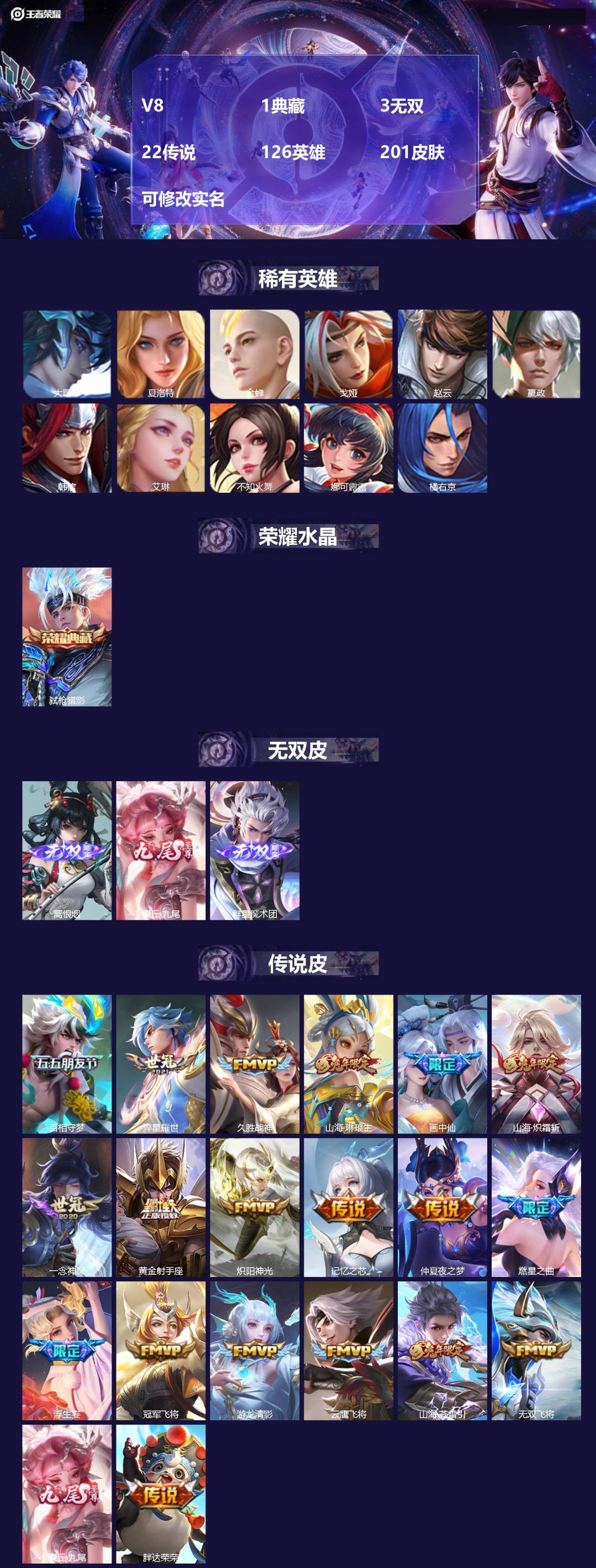 王者荣耀账号苹果QQV8 1典藏 3无双 22传说 126英雄 201皮肤 可修改实名 
【英雄全皮】:李信全皮
【稀有