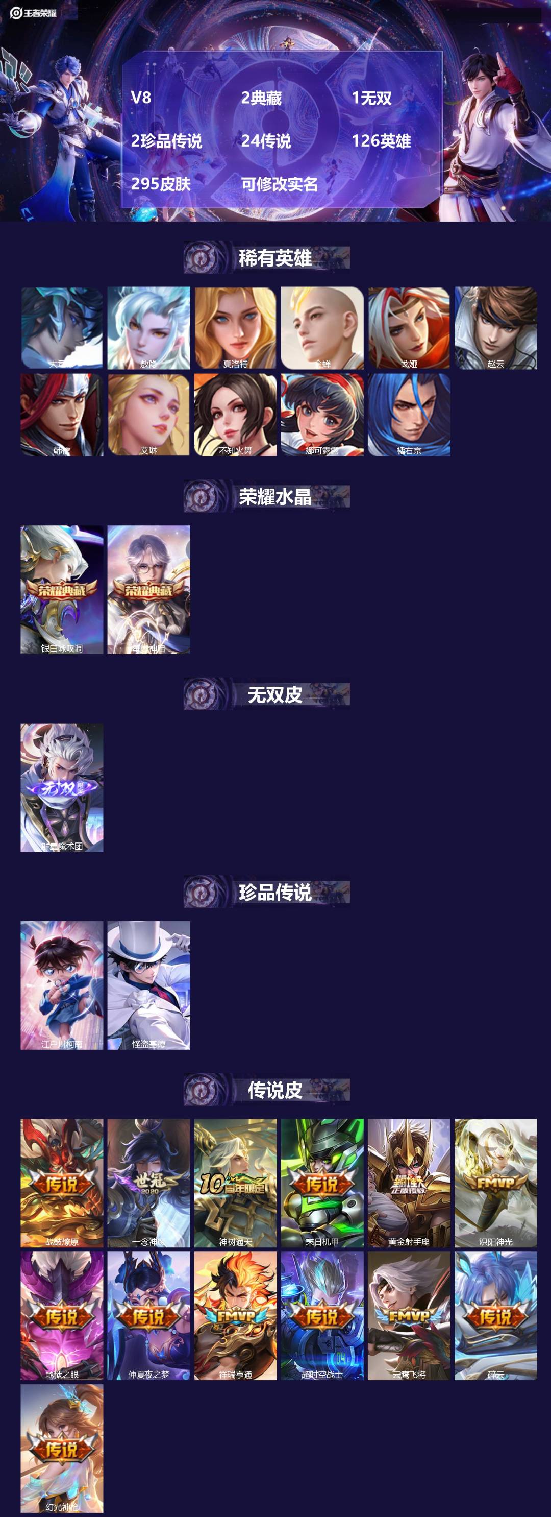 王者荣耀账号安卓QQ[15157387]V8 2典藏 1无双 2珍品传说 24传说 126英雄 295皮肤 可修改实名 