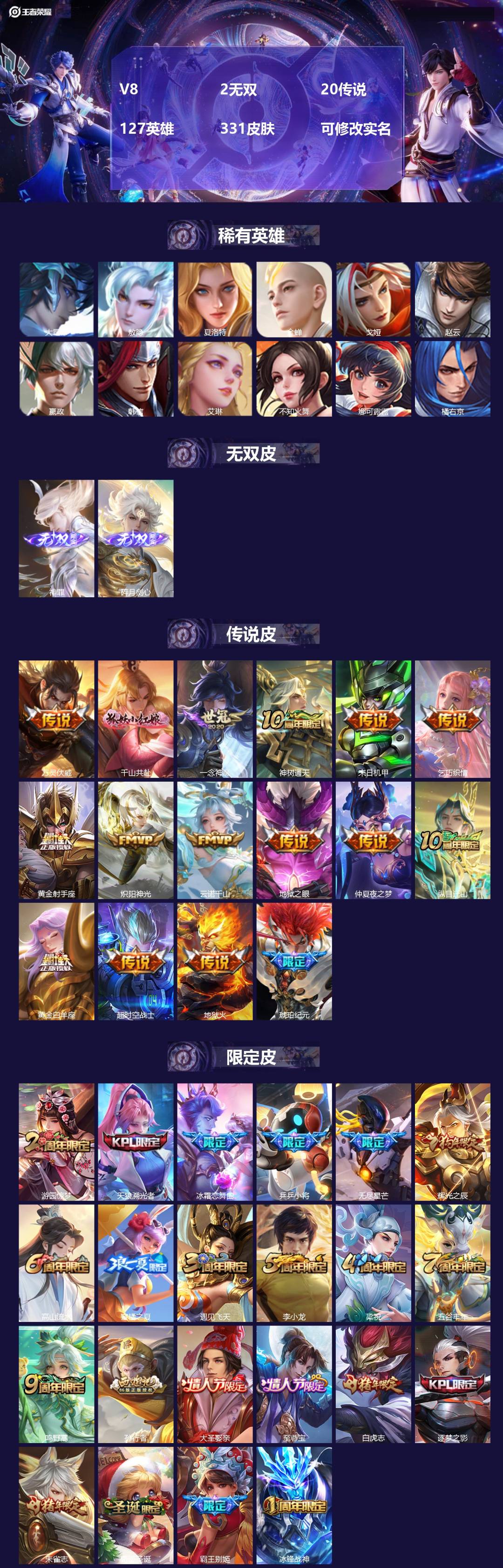 王者荣耀账号安卓QQ127英雄-331皮肤-[]V8 2无双 20传说 127英雄 331皮肤 可修改实名 
【英雄全皮
