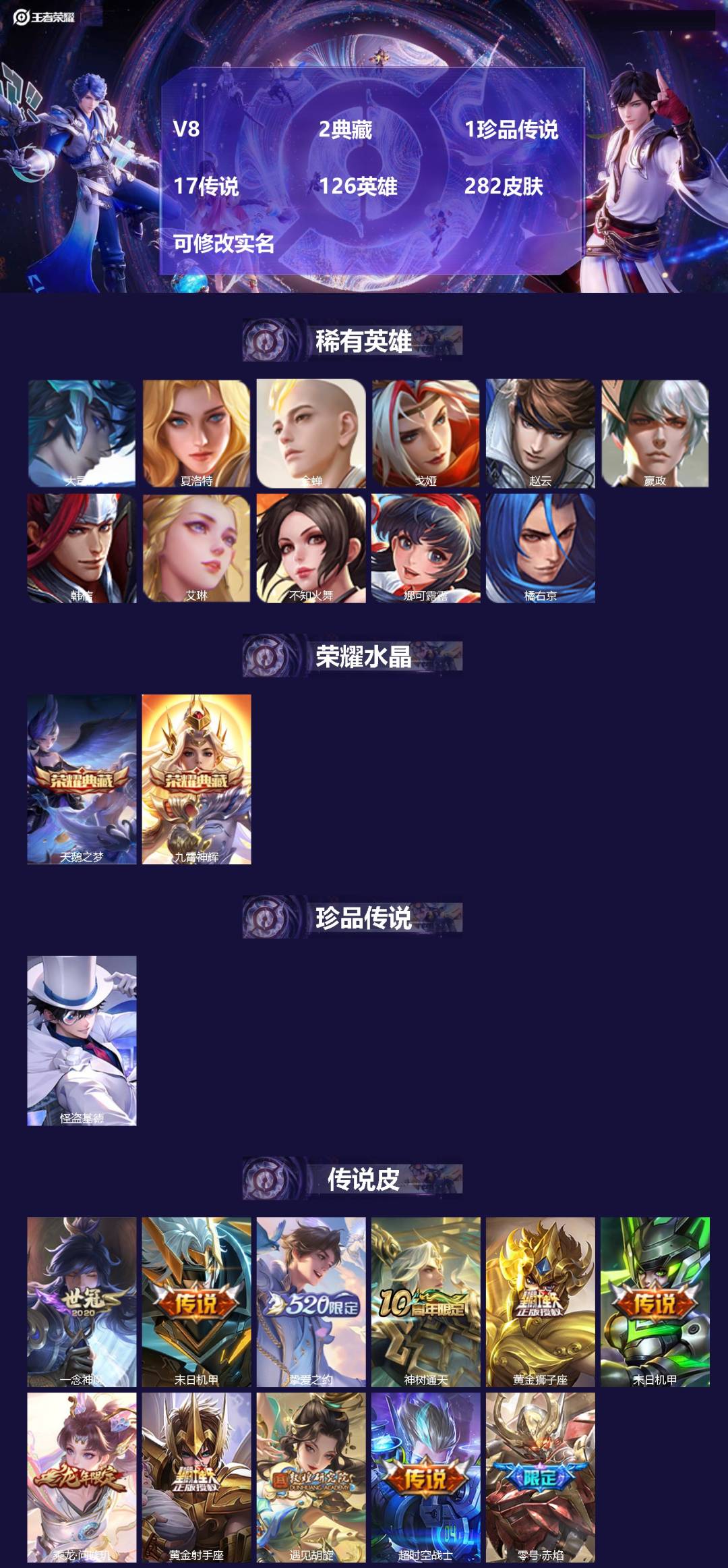 王者荣耀账号苹果QQV8 2典藏 1珍品传说 17传说 126英雄 282皮肤 可修改实名 
【英雄全皮】:蒙恬全皮,影