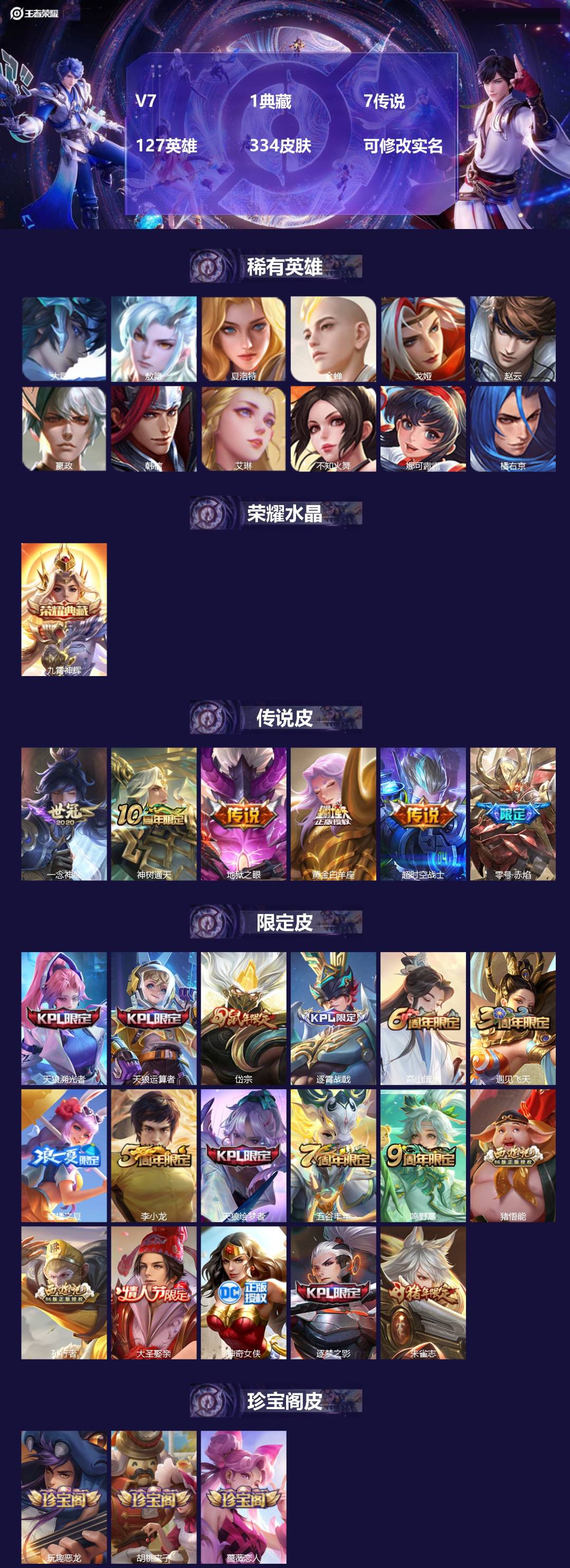 王者荣耀账号安卓QQV7 1典藏 7传说 127英雄 334皮肤 可修改实名 
【英雄全皮】:雅典娜全皮,敖隐全皮,空空