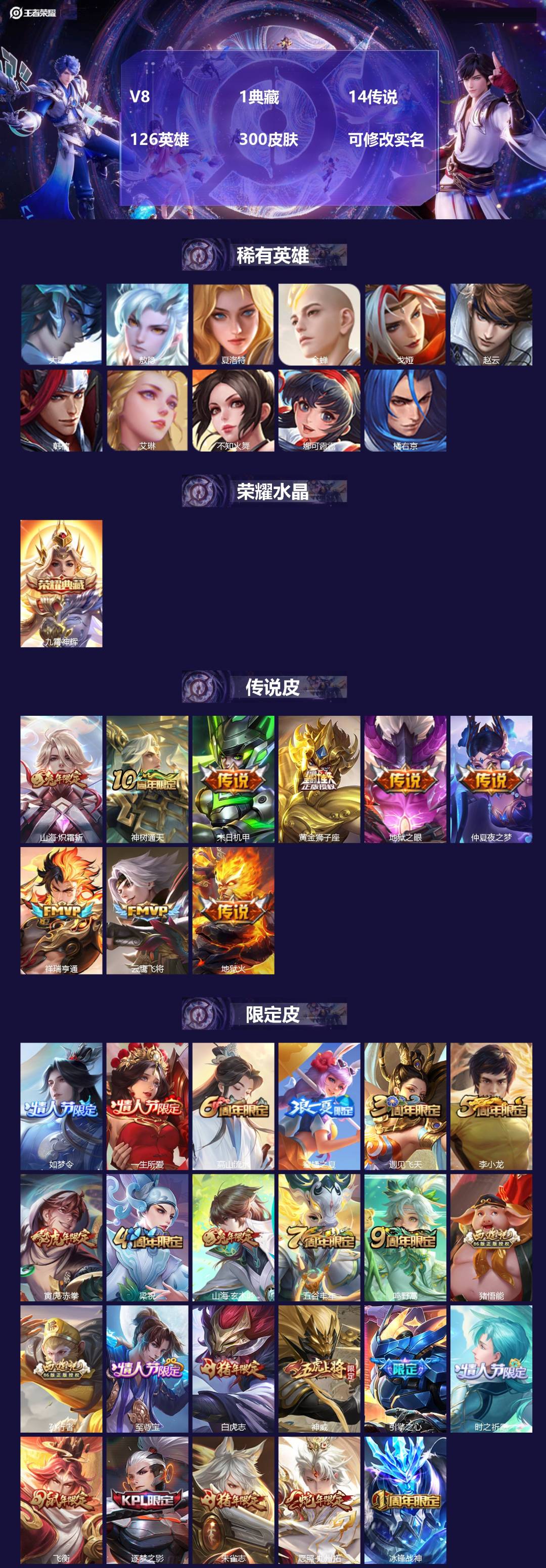 王者荣耀账号苹果QQV8 1典藏 14传说 126英雄 300皮肤 可修改实名 
【英雄全皮】:敖隐全皮,刘邦全皮,猪八