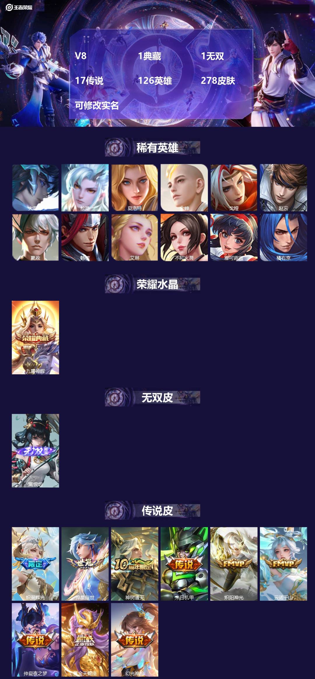 王者荣耀账号苹果QQV8 1典藏 1无双 17传说 126英雄 278皮肤 可修改实名 
【英雄全皮】蒙恬全皮,敖隐全皮