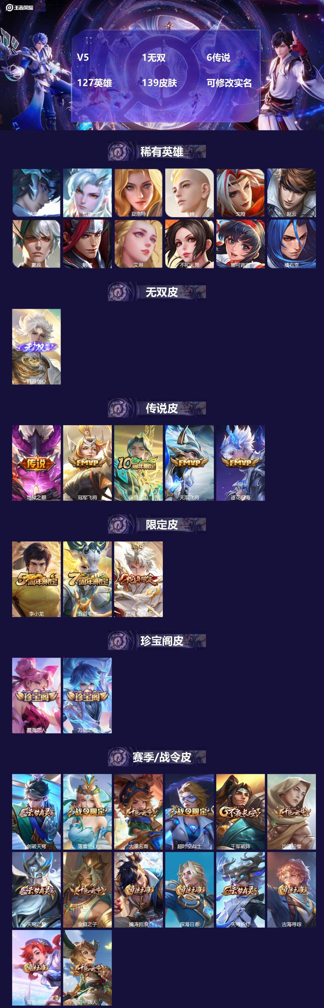 王者荣耀账号安卓QQ[15187113]V5 1无双 6传说 127英雄 139皮肤 可修改实名 
【英雄全皮】:敖隐全