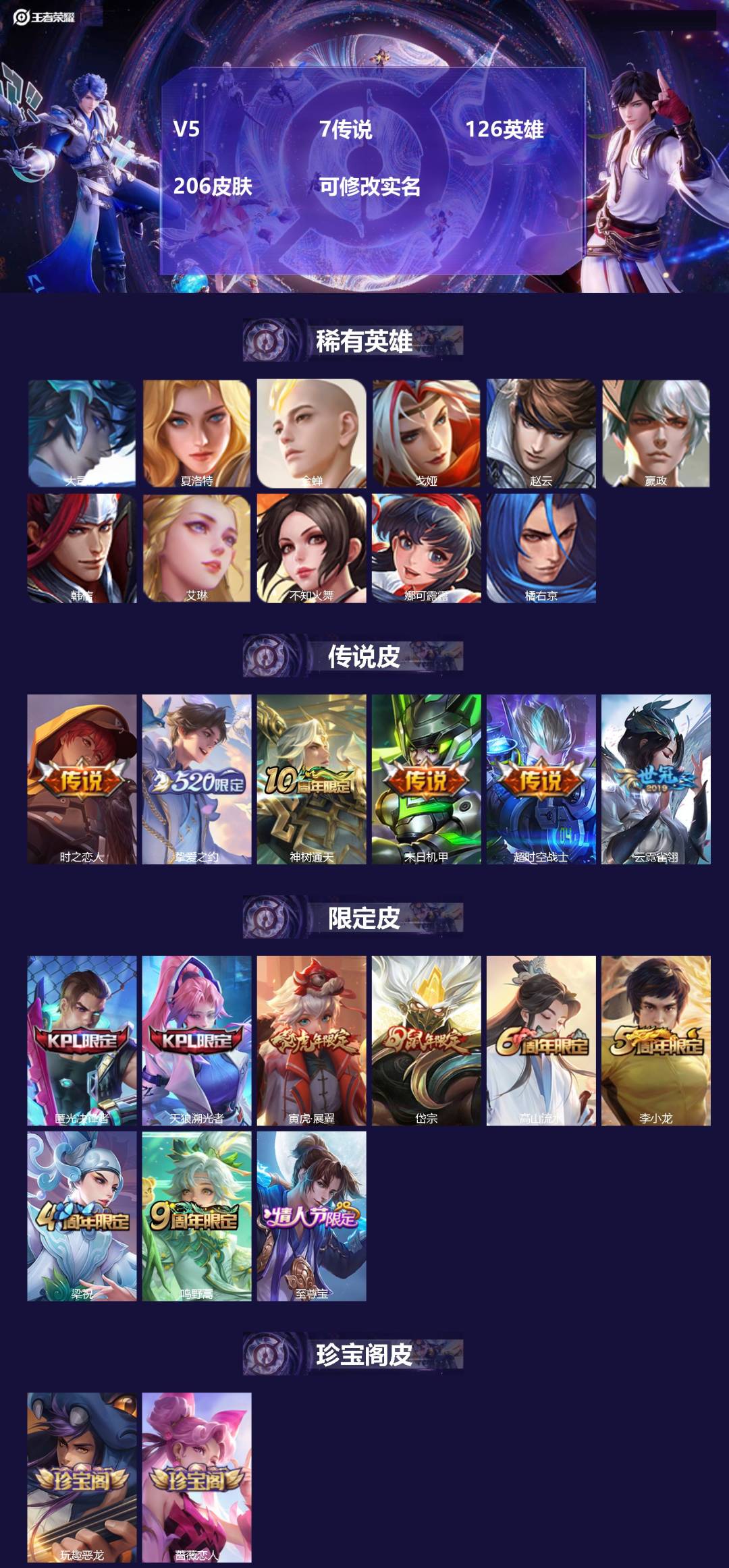 王者荣耀账号安卓QQ[15215654]V5 7传说 126英雄 206皮肤 可修改实名 
【英雄全皮】:空空儿全皮
【