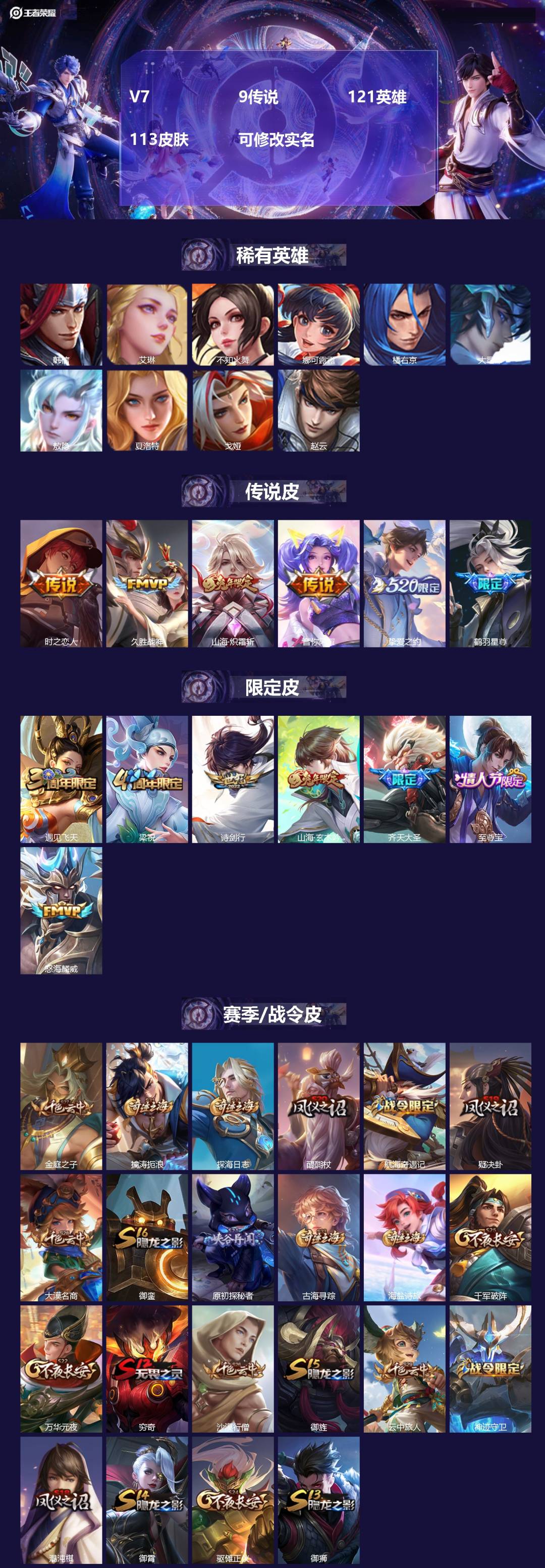 王者荣耀账号苹果QQ[15227320]V7 9传说 121英雄 113皮肤 可修改实名 
【英雄全皮】敖隐全皮,蚩奼全