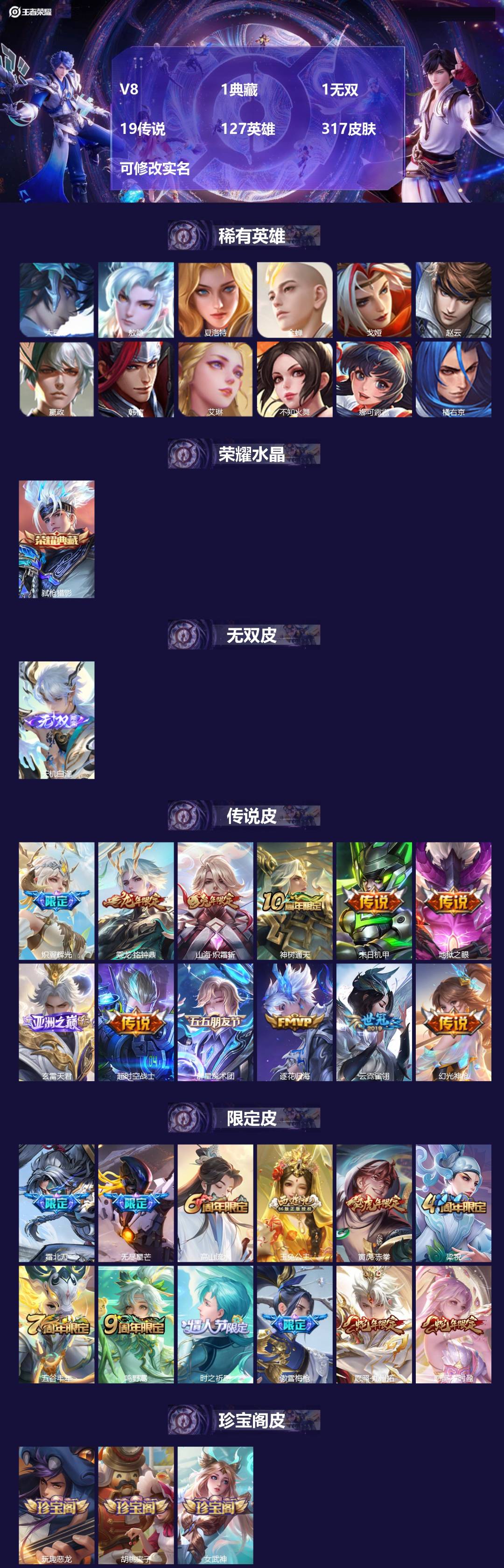 王者荣耀账号安卓QQ[15260910]V8 1典藏 1无双 19传说 127英雄 317皮肤 可修改实名 
【英雄全皮