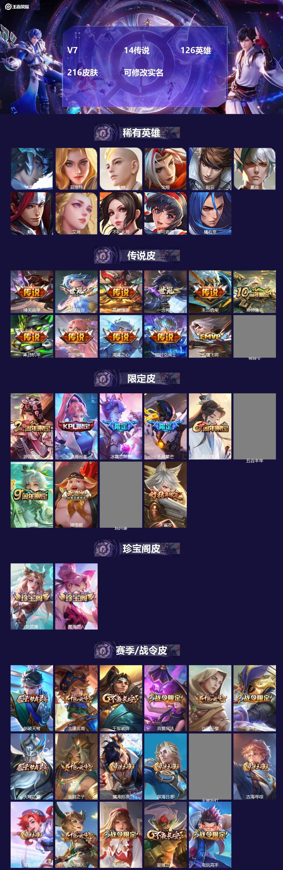 王者荣耀账号安卓QQ[15261383]V7 14传说 126英雄 216皮肤 可修改实名 
【英雄全皮】刘禅全皮
【稀