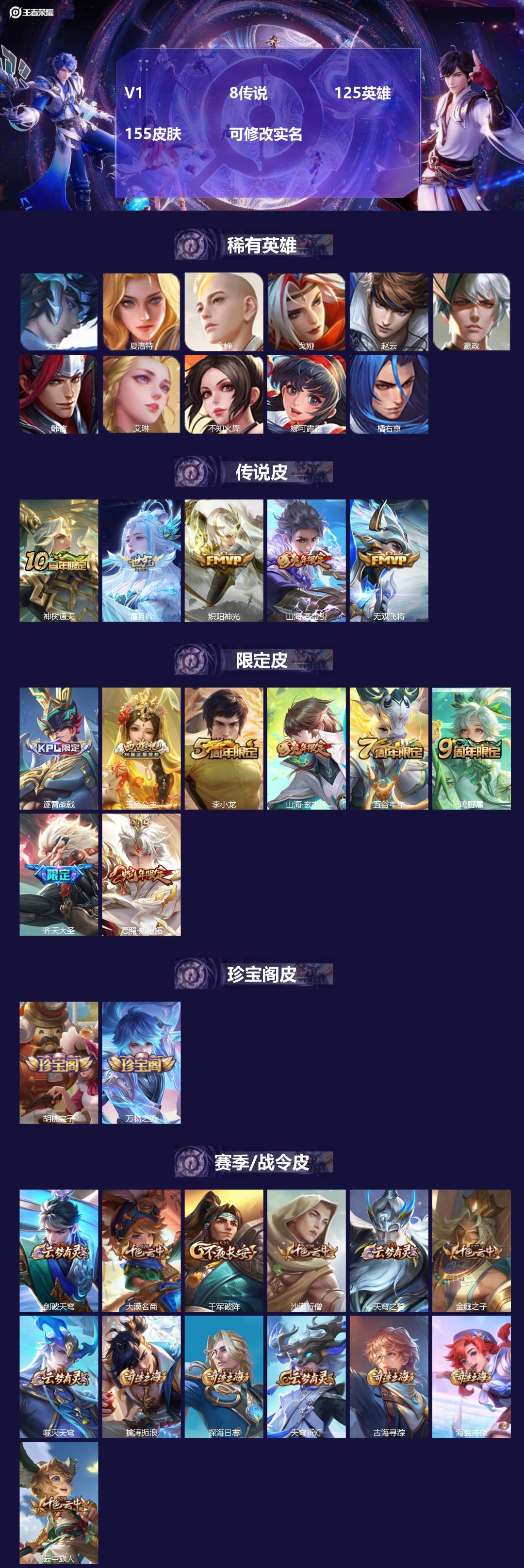 王者荣耀账号苹果QQ[15261680]V1 8传说 125英雄 155皮肤 可修改实名 
【英雄全皮】影全皮
【稀有英