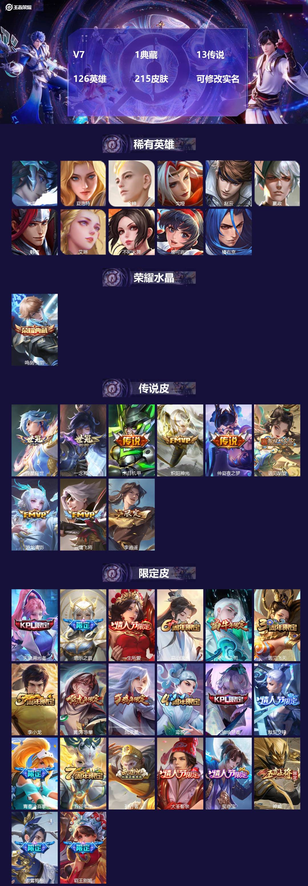 王者荣耀账号苹果QQ126英雄-215皮肤-[]V7 1典藏 13传说 126英雄 215皮肤 可修改实名 
【稀有英雄