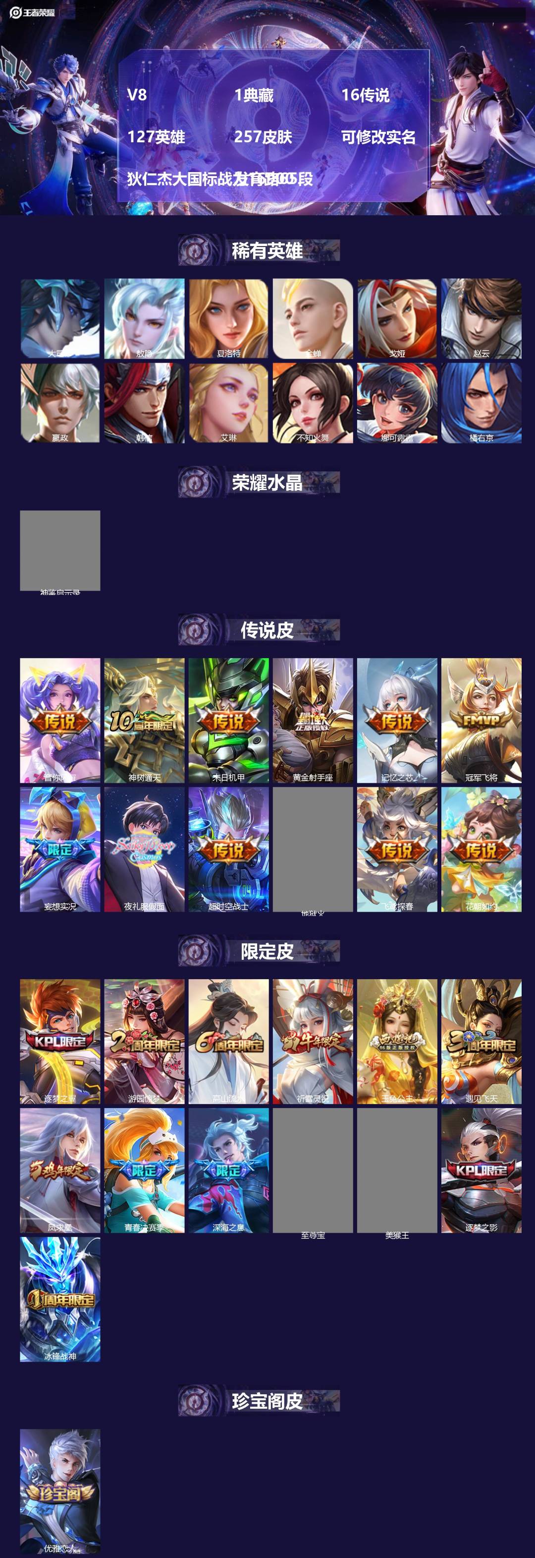 王者荣耀账号安卓QQ[15281953]V8 1典藏 16传说 127英雄 257皮肤 可修改实名 狄仁杰大国标战力16