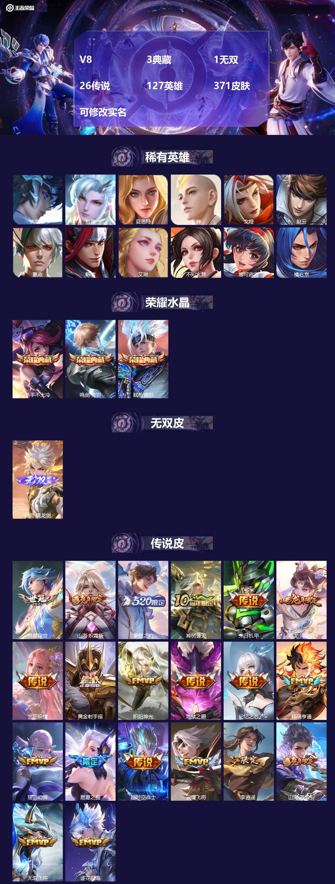 王者荣耀账号安卓QQ[15290358]V8 3典藏 1无双 26传说 127英雄 371皮肤 可修改实名 
【英雄全皮