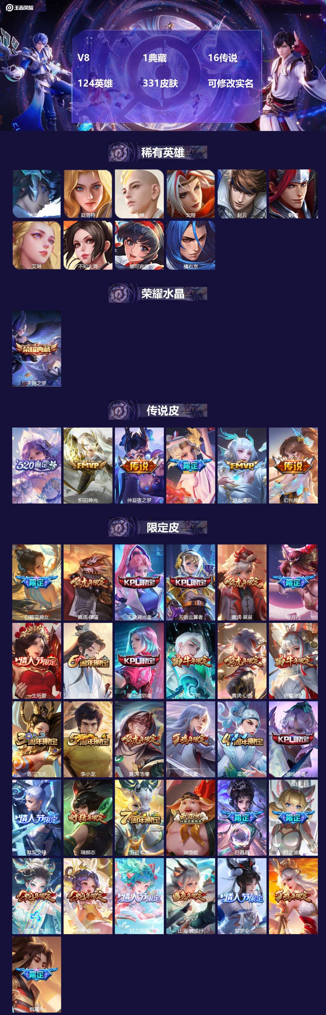 王者荣耀账号安卓QQ124英雄-331皮肤-[]V8 1典藏 16传说 124英雄 331皮肤 可修改实名 
【英雄全皮