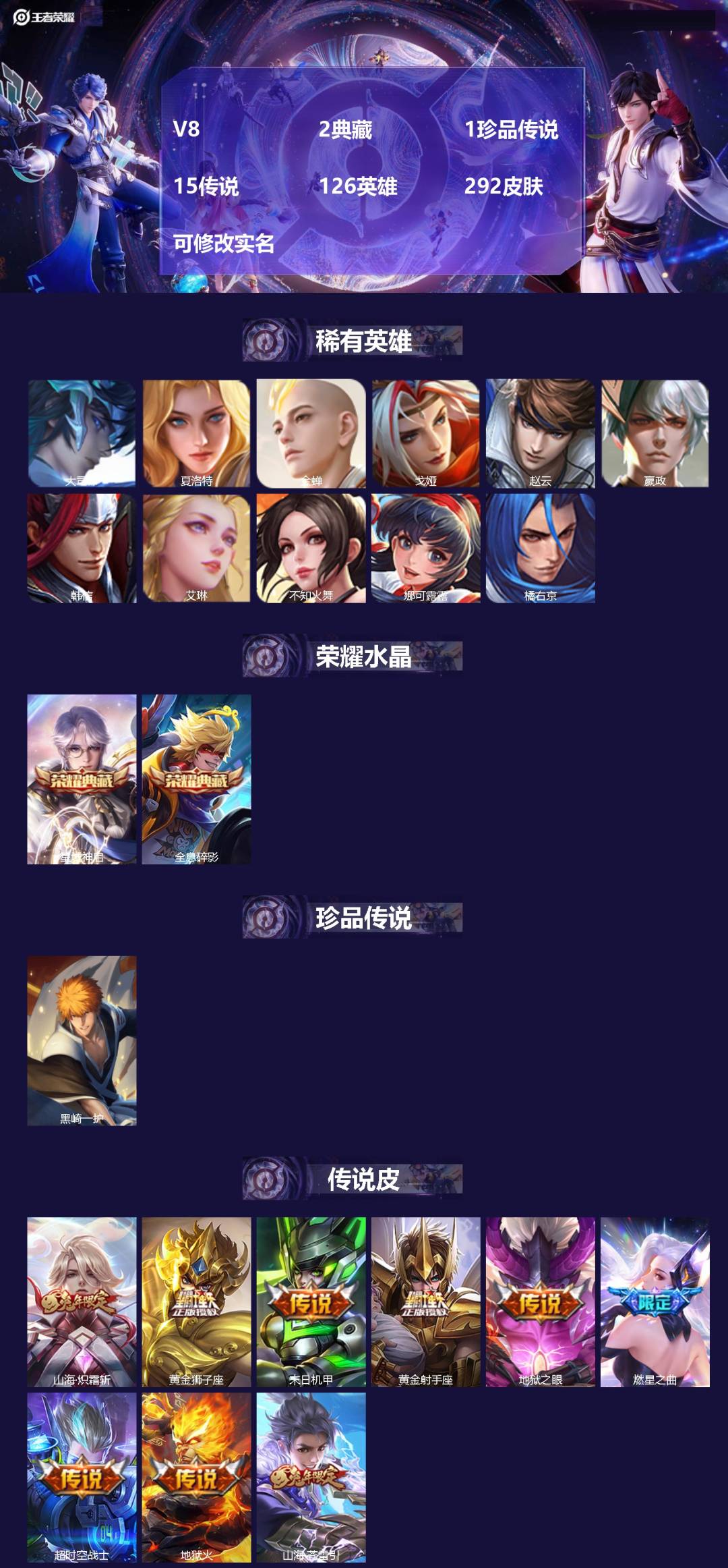 王者荣耀账号苹果QQ[15291058]V8 2典藏 1珍品传说 15传说 126英雄 292皮肤 可修改实名 
【稀有