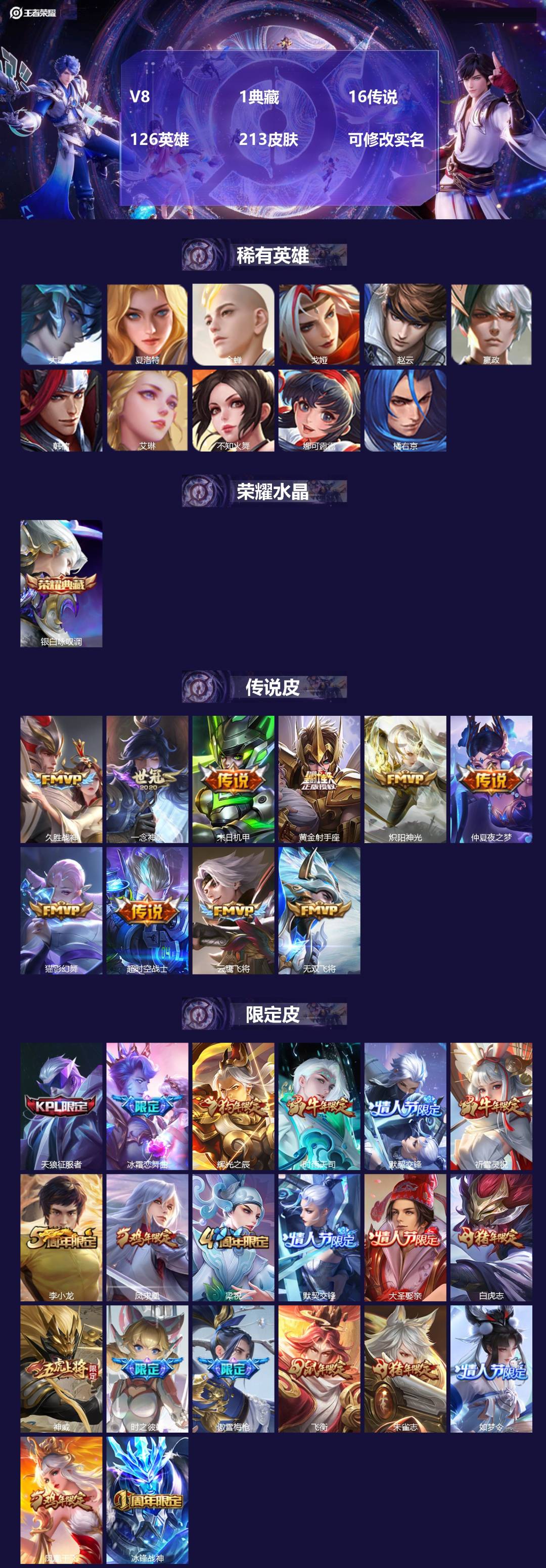 王者荣耀账号安卓QQ[15291650]V8 1典藏 16传说 126英雄 213皮肤 可修改实名 
【英雄全皮】:蚩奼