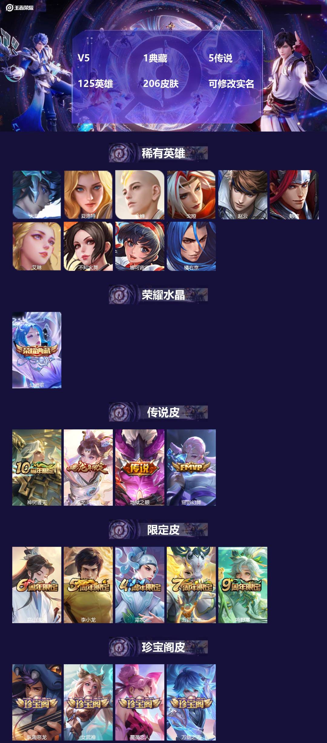 王者荣耀账号安卓QQ125英雄-206皮肤-[]V5 1典藏 5传说 125英雄 206皮肤 可修改实名 
【英雄全皮】