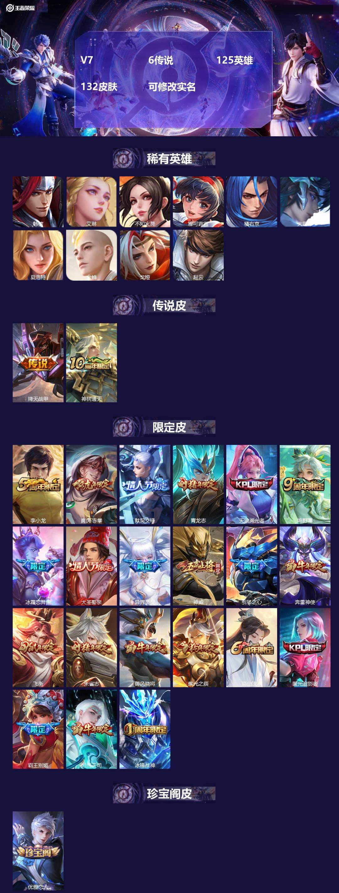 王者荣耀账号安卓QQ[15294817]V7 6传说 125英雄 132皮肤 可修改实名 
【稀有英雄】大司命,韩信(韩