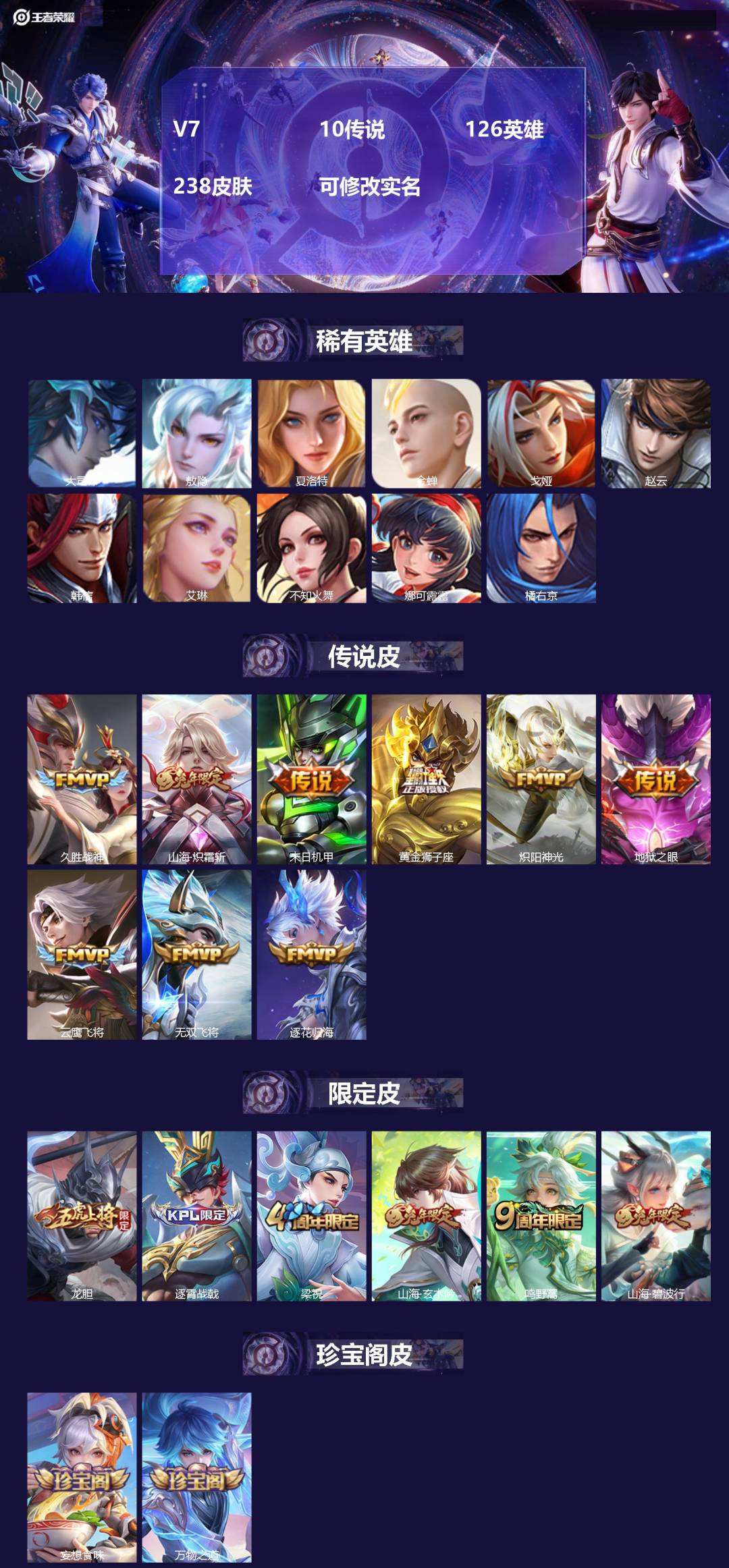 王者荣耀账号安卓QQ[15295547]V7 10传说 126英雄 238皮肤 可修改实名 
【英雄全皮】:蒙恬全皮,敖