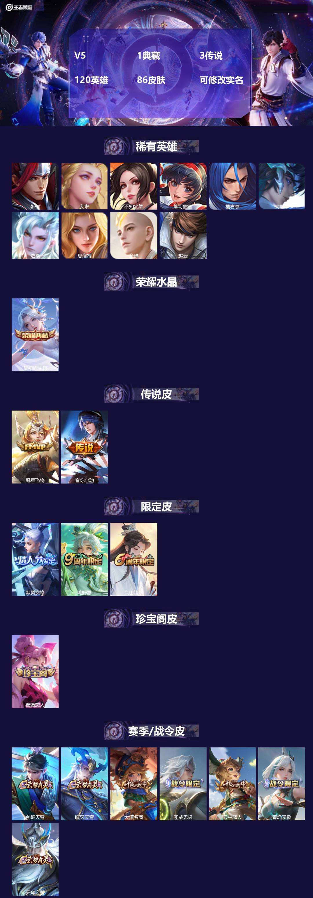 王者荣耀账号安卓QQ121英雄-89皮肤-[]V5 1典藏 3传说 120英雄 86皮肤 可修改实名   
【英雄全皮】