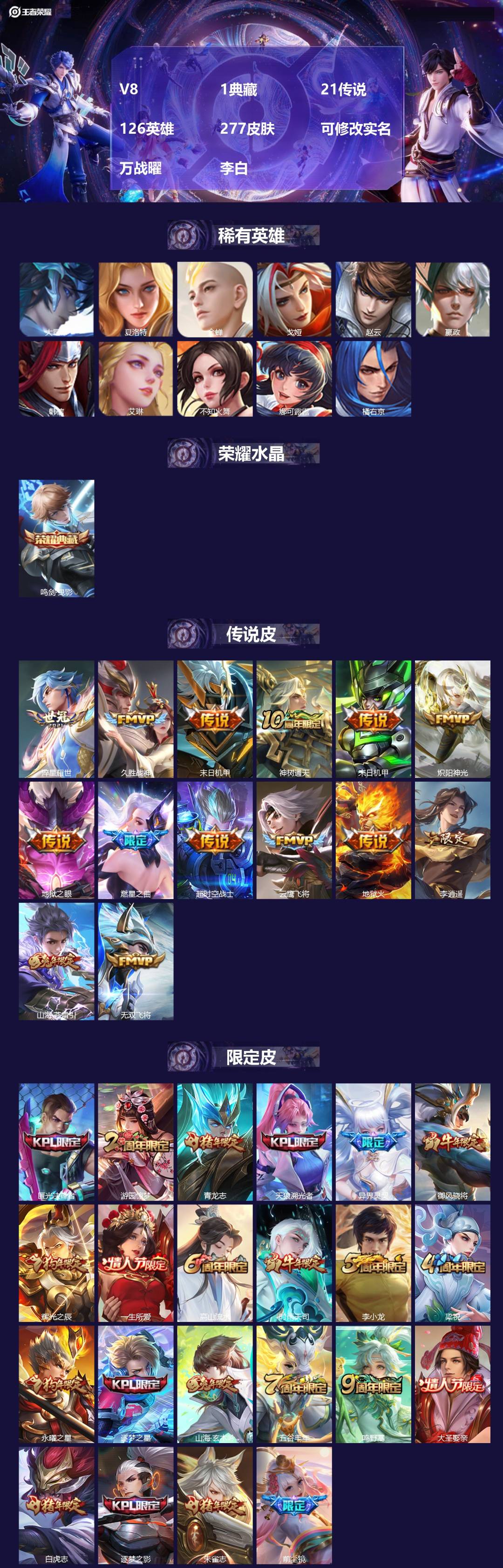 王者荣耀账号苹果QQ[15320743]V8 1典藏 21传说 126英雄 277皮肤 可修改实名 万战曜 李白
【英雄