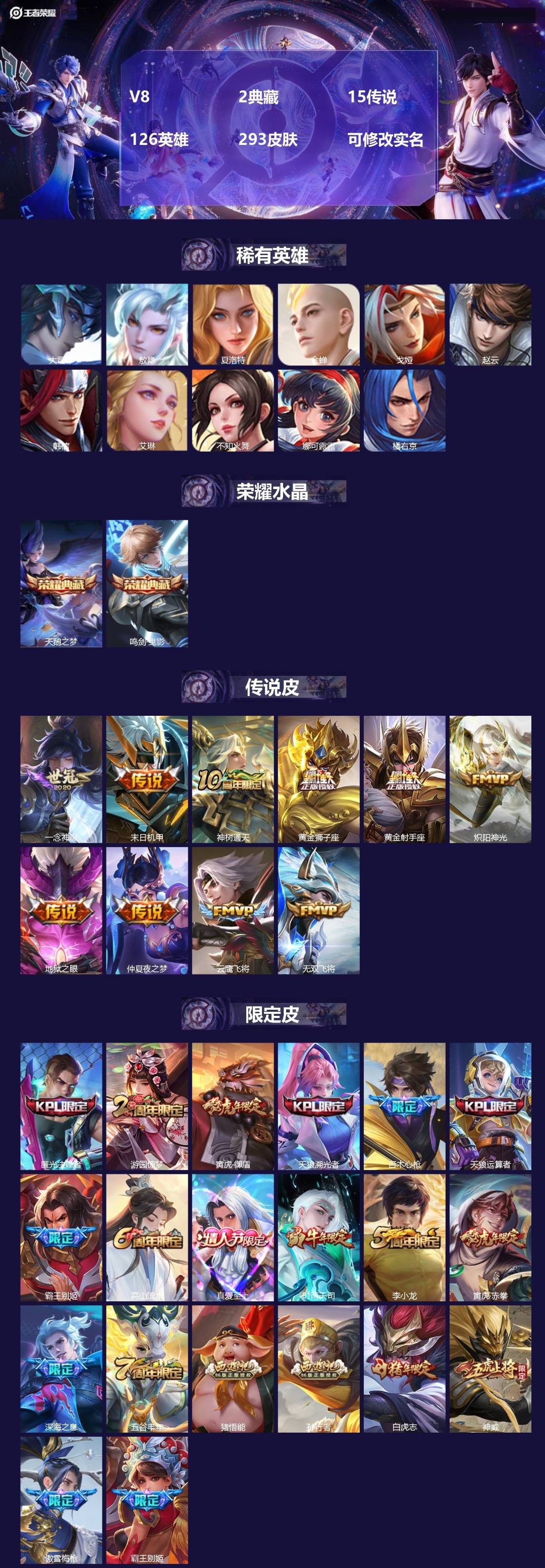 王者荣耀账号苹果QQ126英雄-293皮肤-[]V8 2典藏 15传说 126英雄 293皮肤 可修改实名 
【英雄全皮