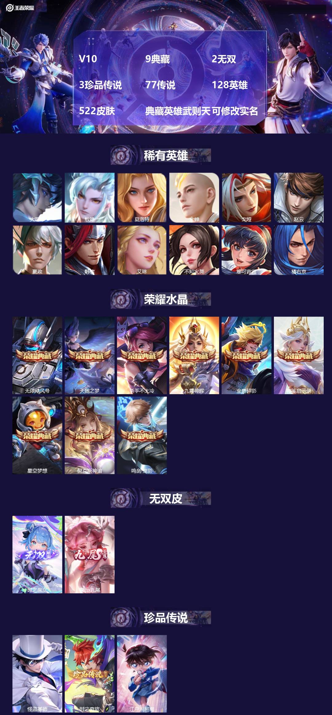 王者荣耀账号安卓QQ[15328995]V10 9典藏 2无双 3珍品传说 77传说 128英雄 522皮肤 典藏英雄武