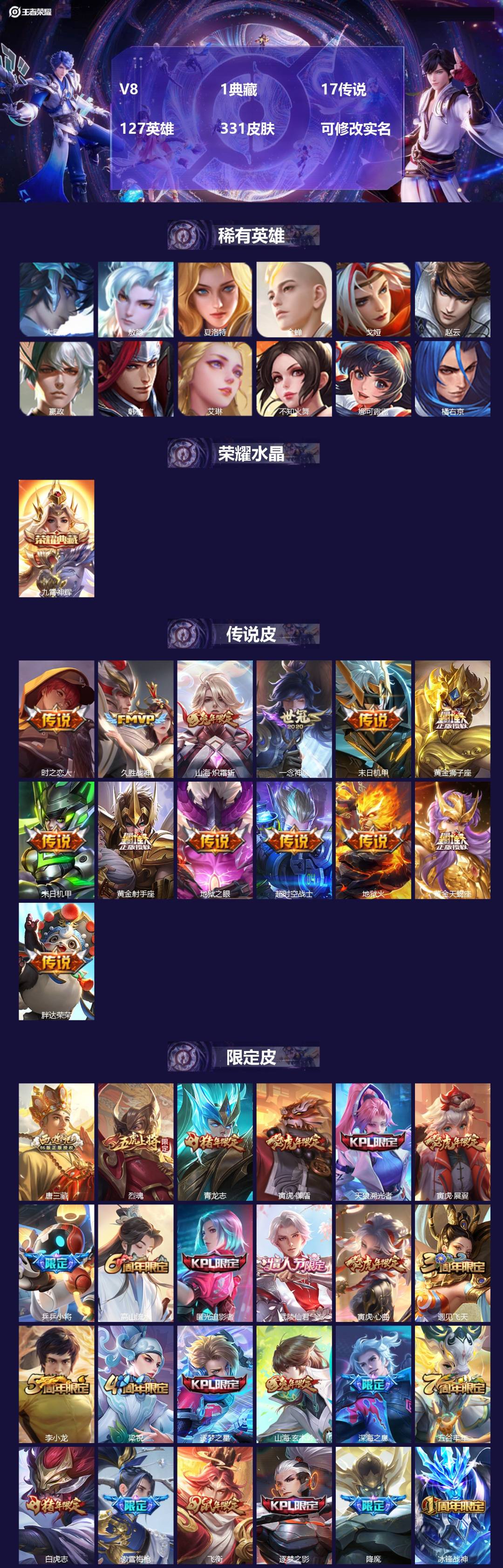 王者荣耀账号安卓QQ[15329347]V8 1典藏 17传说 127英雄 331皮肤 可修改实名 
【英雄全皮】:李信