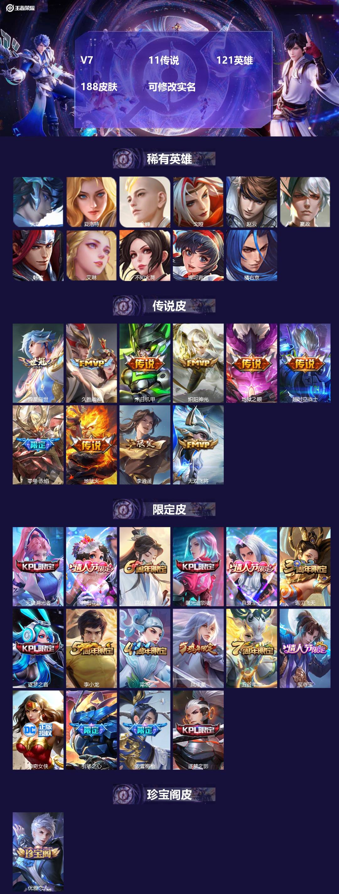 王者荣耀账号安卓QQ[15332587]V7 11传说 121英雄 188皮肤 可修改实名 
【稀有英雄】:大司命,嬴政