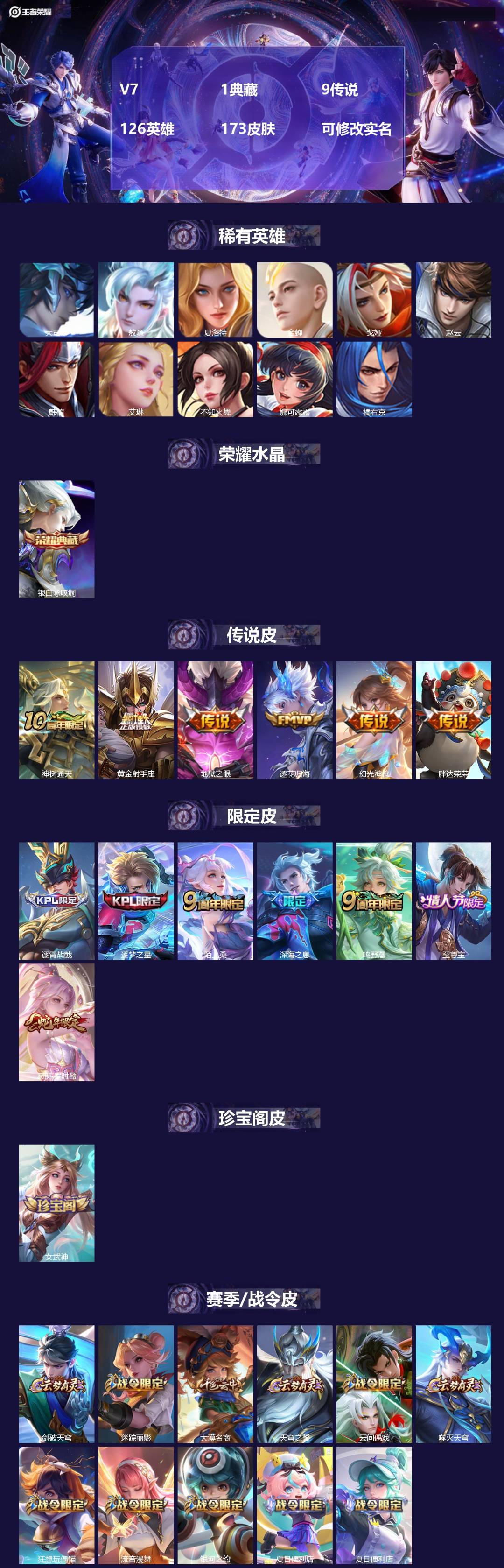 王者荣耀账号安卓QQ[15332878]V7 1典藏 9传说 126英雄 173皮肤 可修改实名 
【英雄全皮】少司缘全