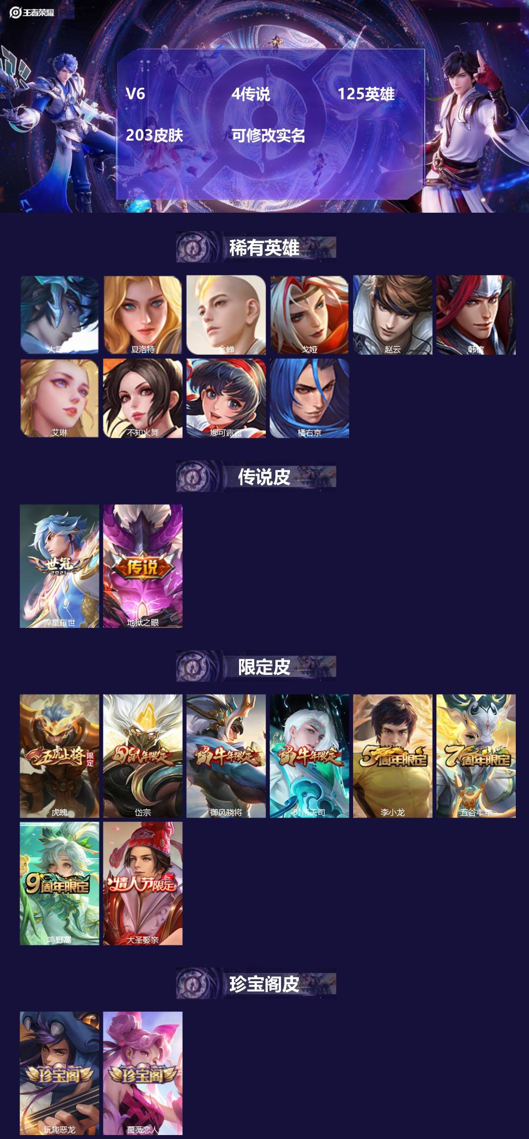 王者荣耀账号安卓QQ[15333094]V6 4传说 125英雄 203皮肤 可修改实名 
【英雄全皮】:空空儿全皮
【