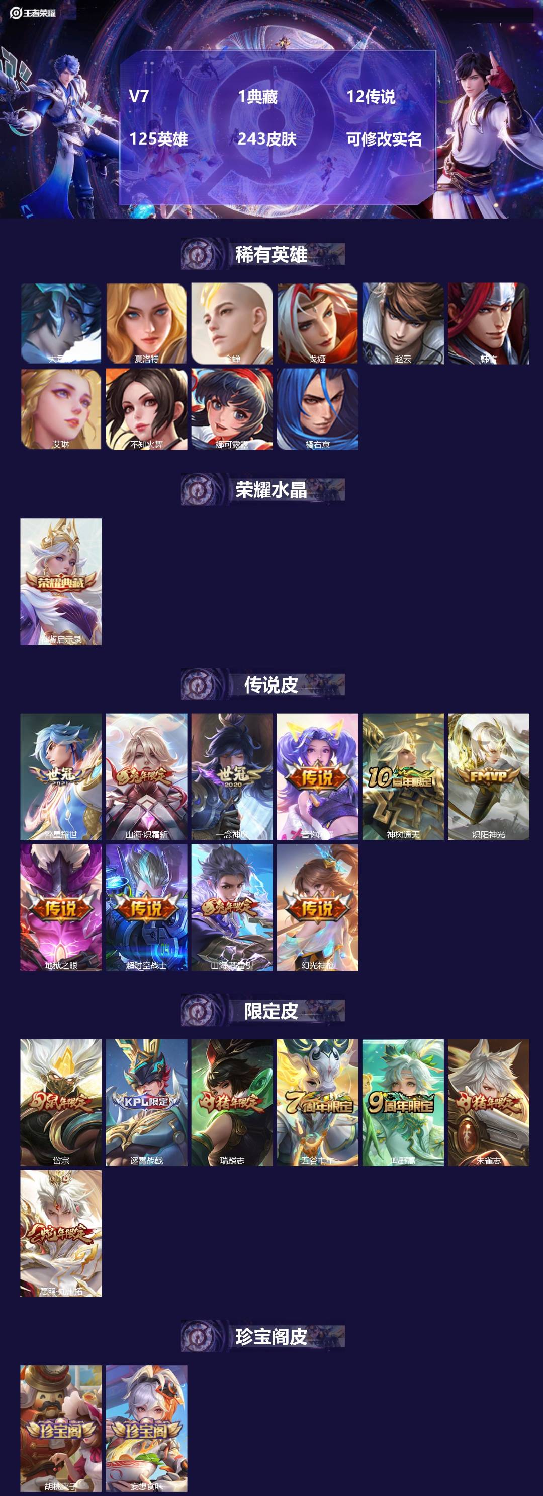 王者荣耀账号安卓QQ[15333651]V7 1典藏 12传说 125英雄 243皮肤 可修改实名 
【英雄全皮】李信全