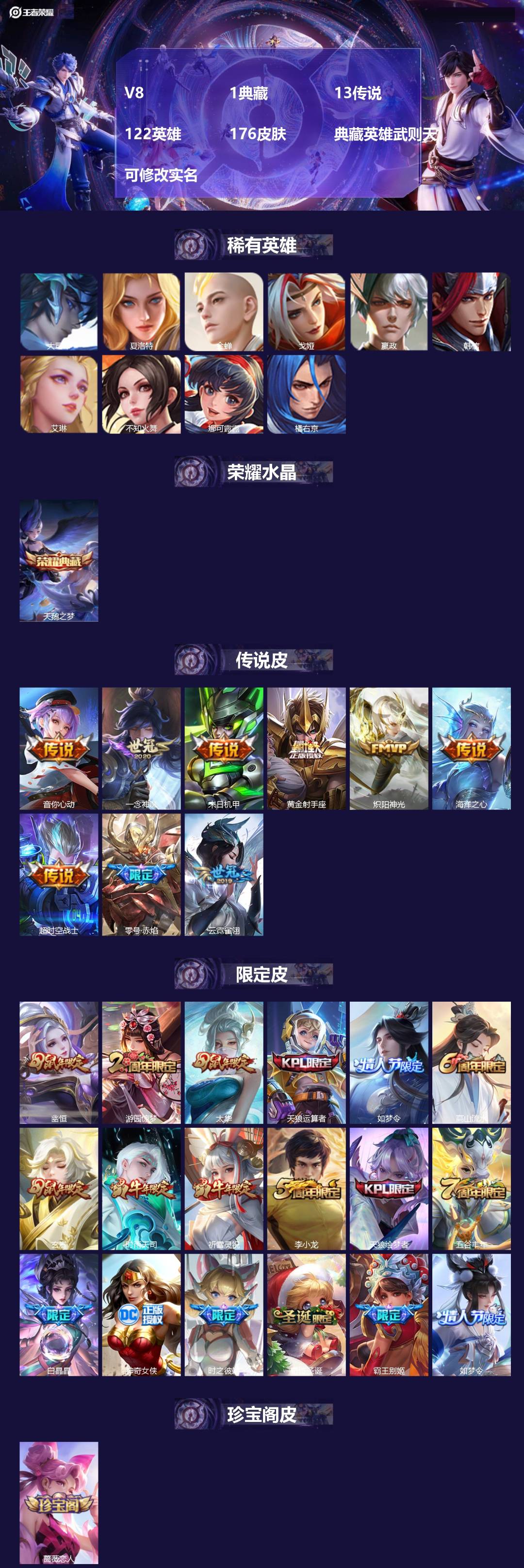 王者荣耀账号苹果QQ122英雄-176皮肤-[]V8 1典藏 13传说 122英雄 176皮肤 典藏英雄武则天 可修改实