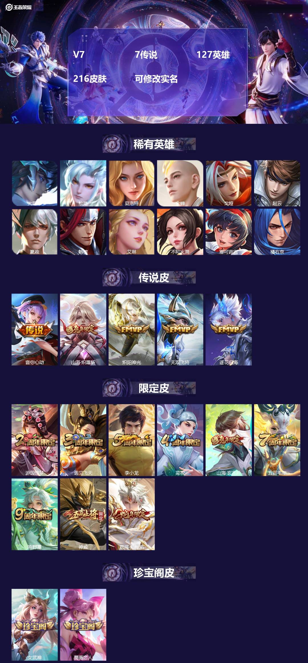 王者荣耀账号安卓QQ[15364362]V7 7传说 127英雄 216皮肤 可修改实名 
【英雄全皮】:敖隐全皮,蚩奼