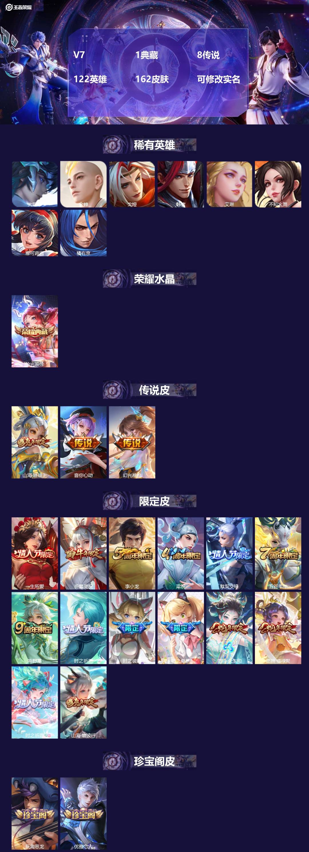王者荣耀账号安卓QQV7 1典藏 8传说 122英雄 162皮肤 可修改实名 
【稀有英雄】大司命,韩信(韩跳跳),艾琳
