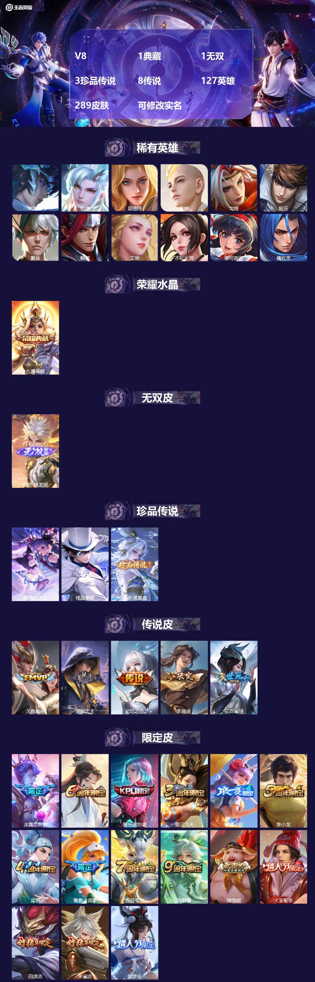 王者荣耀账号安卓QQ127英雄-289皮肤-[]V8 1典藏 1无双 3珍品传说 8传说 127英雄 289皮肤 可修改
