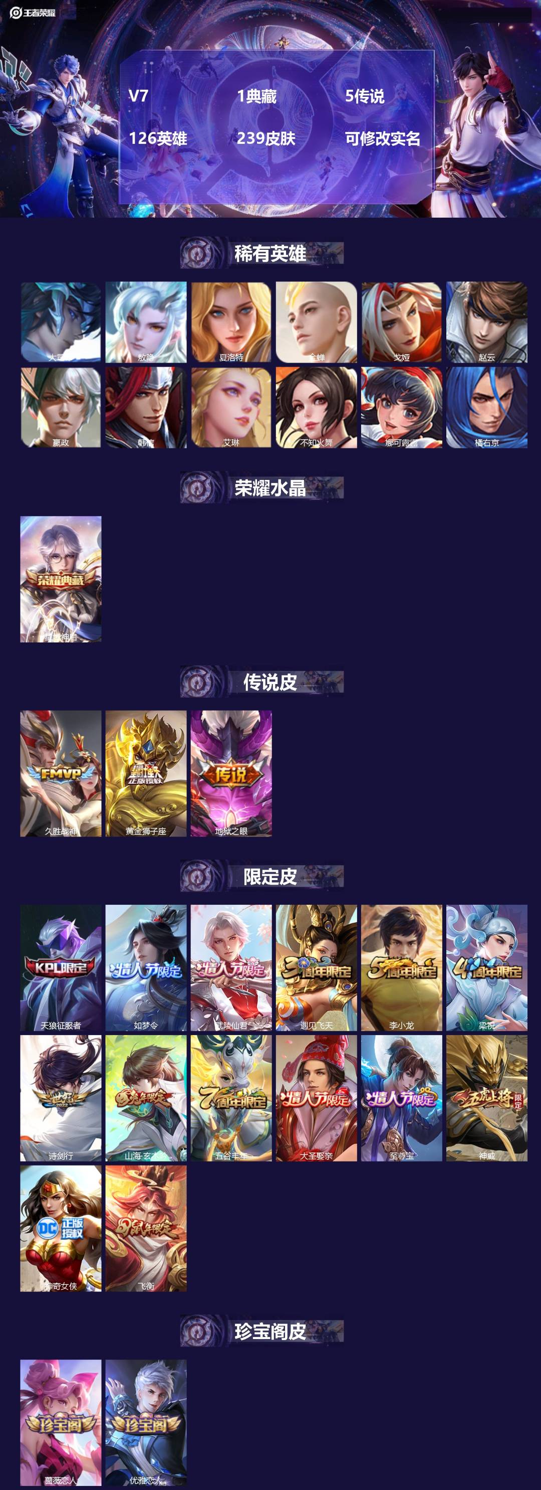 王者荣耀账号苹果QQ126英雄-239皮肤-[]V7 1典藏 5传说 126英雄 239皮肤 可修改实名 
【英雄全皮】