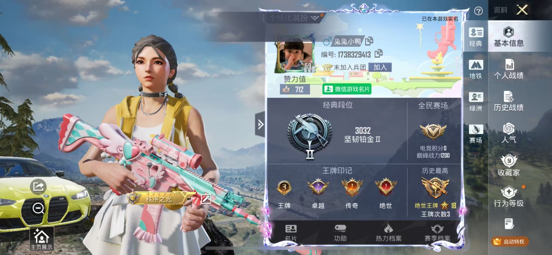 和平精英账号苹果微信1载具-93套装-118枪皮-[]3粉装 5特效枪 1载具 3印记 可二次 可修改实名 
【热门装扮