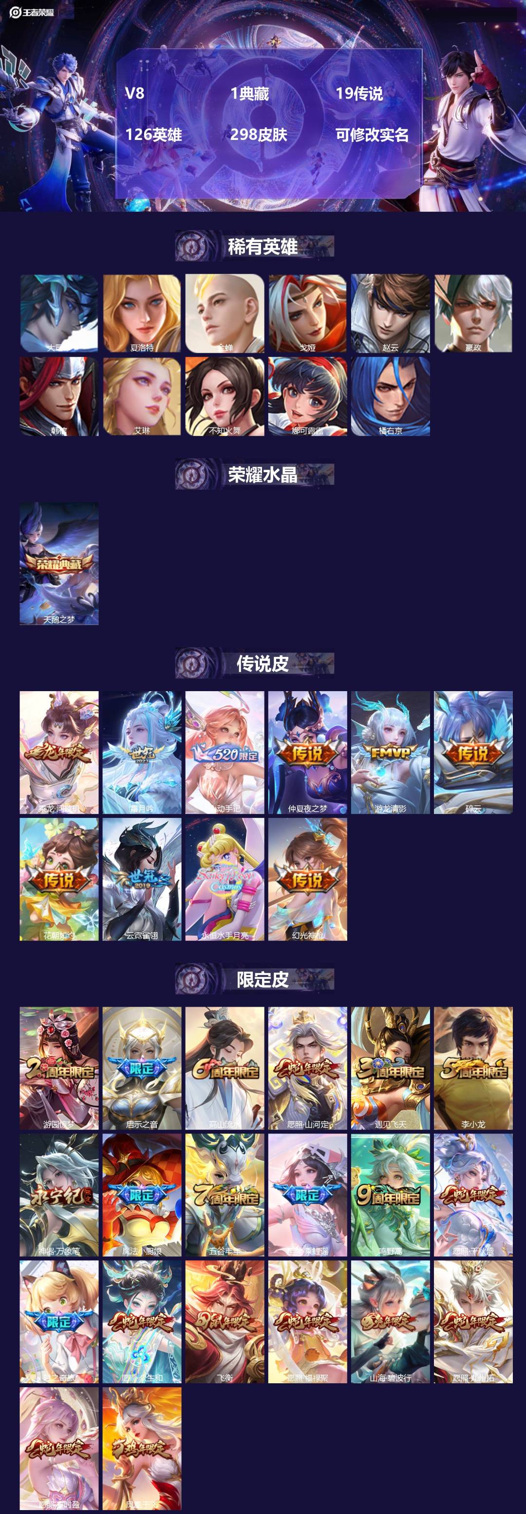 王者荣耀账号安卓QQV8 1典藏 19传说 126英雄 298皮肤 可修改实名 
【英雄全皮】蚩奼全皮,海诺全皮
【稀有