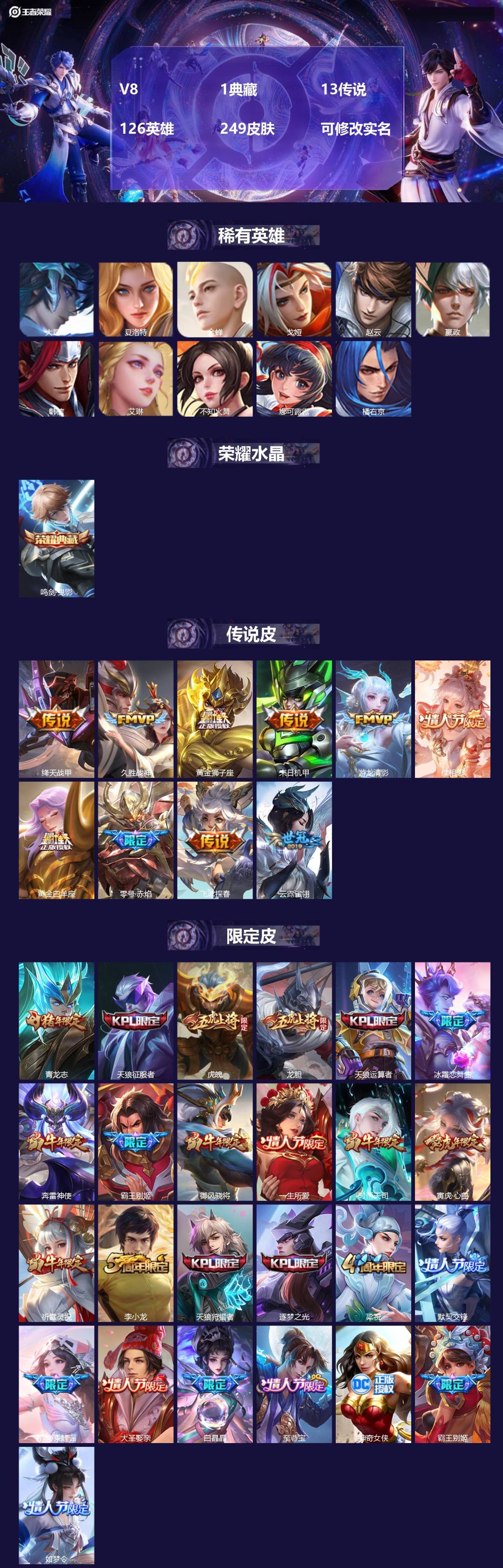 王者荣耀账号苹果QQ126英雄-249皮肤-[]V8 1典藏 13传说 126英雄 249皮肤 可修改实名 
【英雄全皮