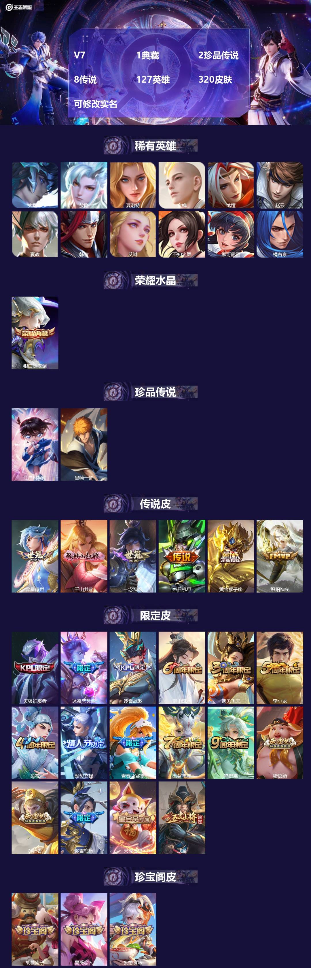 王者荣耀账号安卓QQ[15400150]V7 1典藏 2珍品传说 8传说 127英雄 320皮肤 可修改实名 
【英雄全