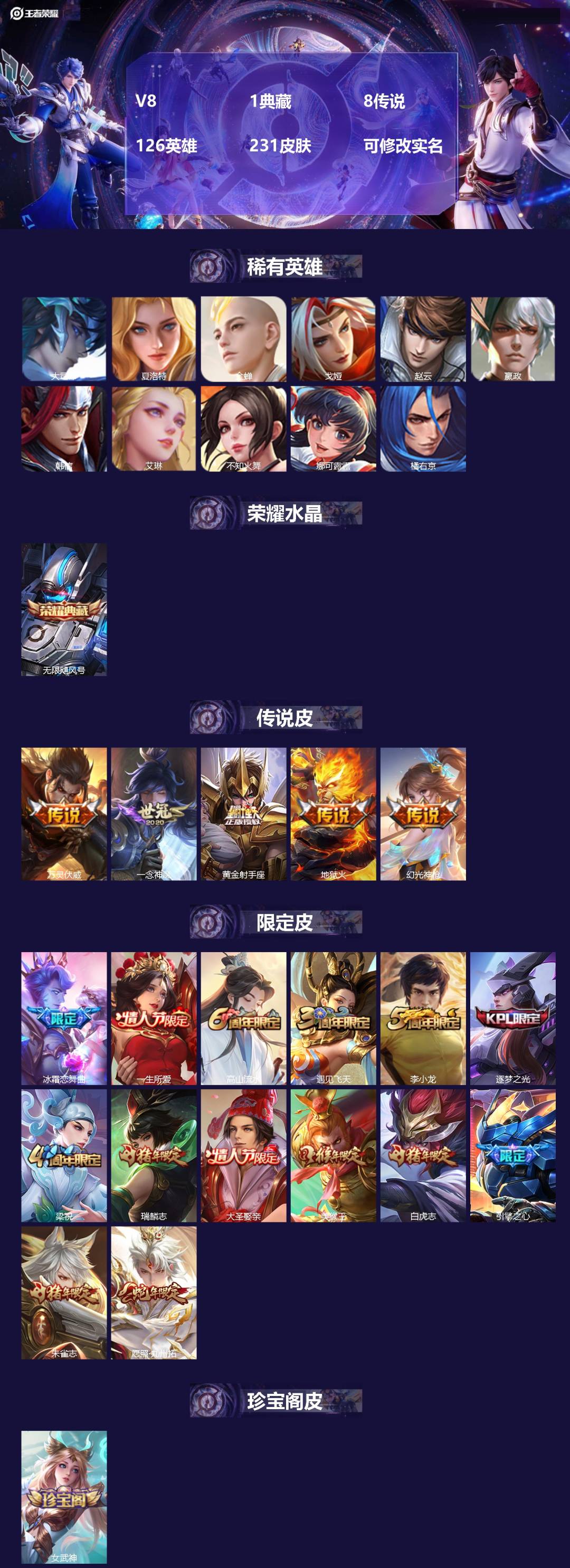 王者荣耀账号安卓QQ[15400615]V8 1典藏 8传说 126英雄 231皮肤 可修改实名 
【稀有英雄】:大司命